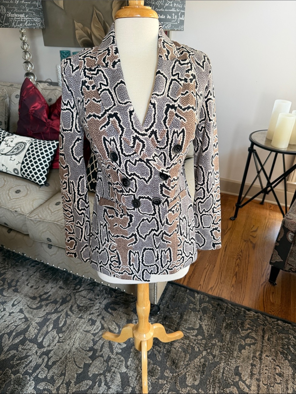 Cabi Double-Breasted Snake Print Blazer in Black, White & Tan A#3733